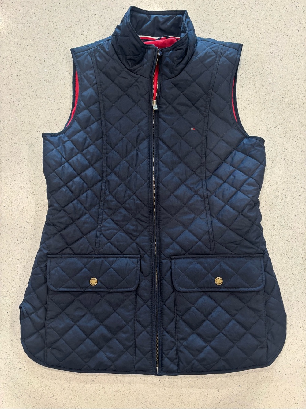 Tommy Hilfiger Quilted Navy Sleeveless Vest with Snap Pockets Small